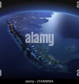 Planète Terre de nuit avec relief détaillé précis et lumières de ville illuminées par le clair de lune. Amérique du Sud. Tierra del Fuego. Éléments de cette image furn Banque D'Images