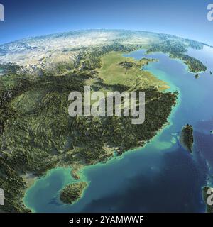 Planète Terre très détaillée dans la matinée. Un relief précis exagéré illuminait le soleil du matin. Chine orientale et Taiwan. Éléments de cette image fournis par Banque D'Images