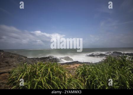 Plage, avec des rochers de lave et de la végétation, vue sur la mer le soir au coucher du soleil. Paysage avec nuages à Induruwa, plage de Bentota, Sri Lanka, Inde, A Banque D'Images