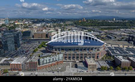 05 septembre 2023-Seattle, WA : vue aérienne du Lumen Field, stade des ligues nationales de football, Seattle Seahawks Banque D'Images