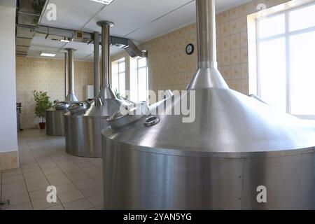 Grands réservoirs métalliques pour brasser de la bière dans une usine de bière Banque D'Images