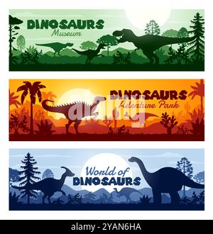 Silhouettes de dinosaures préhistoriques sur des bannières horizontales avec paysage de coucher de soleil, vecteur arrière-plan de l'ère jurassique. Parc d'aventure Dino World ou dinosaures et bannières de musée avec lézards géants préhistoriques Illustration de Vecteur