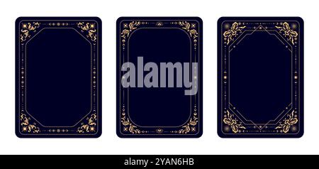 Magiques cadres de cartes Tarot ésotériques pour decks couvre la conception avec des symboles célestes, des arrière-plans vectoriels. Cadres de cartes de tarot ou decks inversés avec soleil magique ésotérique et étoiles et ornement floral doré Illustration de Vecteur