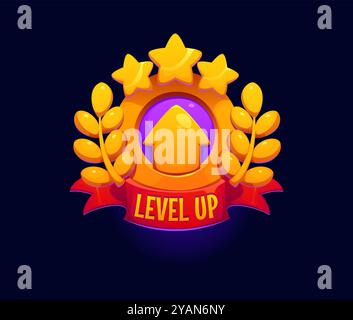 Icône de niveau supérieur de jeu de dessin animé avec flèche jaune vers le haut entourée d'étoiles dorées et de feuilles de laurier, ruban rouge ou bannière, symbolisant un rang élevé, récompense, taux ou accomplissement dans l'interface de jeu Illustration de Vecteur