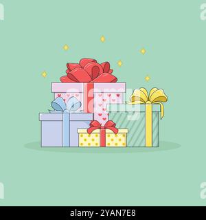 Un ensemble de coffrets cadeaux décorés avec des emballages colorés avec des motifs, des rubans et des noeuds. Un cadeau pour Noël, anniversaire, nouvel an, Saint-Valentin. Illustration de Vecteur