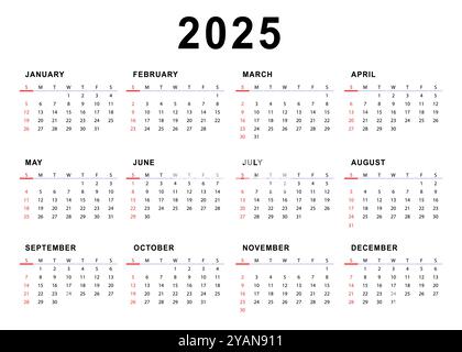 modèle de calendrier mensuel 2025. Début du dimanche. Calendrier simple. Conception vectorielle Illustration de Vecteur