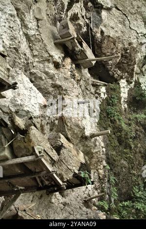 Sarcophage suspendu à un site d'enfouissement traditionnel dans le village de Kete Kesu, au nord de Toraja, au sud de Sulawesi, en Indonésie. Banque D'Images