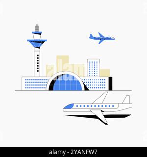 Aéroport avec tour de contrôle et avions dans l'illustration vectorielle plate symbolisant le voyage aérien, le transport et l'aviation, isolé sur fond blanc Illustration de Vecteur