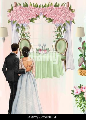 couple marié célébrant leur jour de mariage dans un restaurant, vecteur Illustration de Vecteur