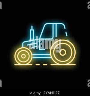 Tracteur brillant bleu et jaune au néon conduisant sur la route la nuit Illustration de Vecteur