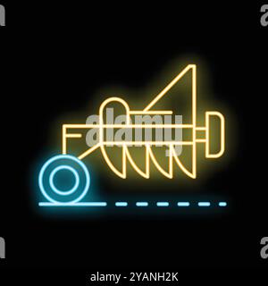 Cultivateur de ligne de néon incandescent pour l'icône de traitement du sol isolé sur fond noir Illustration de Vecteur