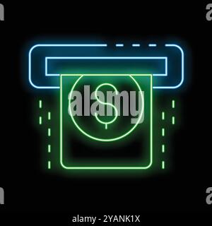 Vert et bleu néon brillant atm avec billet d'un dollar retiré sur un fond sombre Illustration de Vecteur