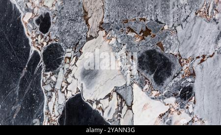 Gros plan de la texture luxueuse du marbre avec veines détaillées et couleurs riches. Banque D'Images