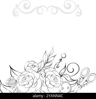 Ciseaux et bobine de fil avec des fleurs. Modèle d'outils de couture vintage, arrière-plan. Artisanat dans un style rétro. Vintage old fashion, tailleur pour Illustration de Vecteur