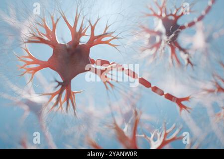 Cellules neuronales dans le cerveau humain. Neurologie et concept de réseaux neuronaux. Illustration de rendu 3D. Banque D'Images