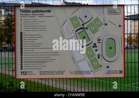 Une carte du terrain de balle Toolo et du stade olympique à Helsinki, en Finlande Banque D'Images