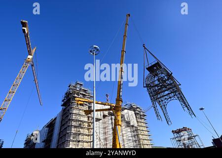 Les ouvriers à l'aide de grues ramènent la tour de l'horloge sur le toit du palais industriel reconstruit sur le parc des expositions de Prague, le 15 octobre 2024. La structure de la tour était en mauvais état et ne pouvait pas être réparée à son emplacement d'origine. Le Palais industriel brûle en 2008. Le coût de la reconstruction devrait être d'environ 2,64 milliards de couronnes tchèques et devrait être achevé en 2024. Les travaux seront réalisés par le consortium Company for the Industrial Palace dirigé par Metrostav. Des difficultés à long terme ont accompagné les efforts d'achèvement. (CTK photo/Katerina Sulova) Banque D'Images