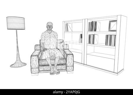 Filaire d'un homme en short assis dans une chaise à côté d'une bibliothèque avec des livres. Illustration vectorielle. 3D. Illustration de Vecteur