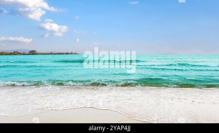 Vue imprenable sur les vagues de l'océan Azur s'écrasant doucement sur une plage de sable immaculée, évoquant un sentiment de détente et d'évasion. L'image véhicule l'idée o Banque D'Images