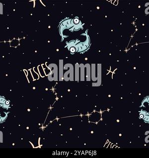 Modèle sans couture vectoriel avec le signe du zodiaque poissons. Fond avec ciel étoilé et constellation pour papier d'emballage Illustration de Vecteur