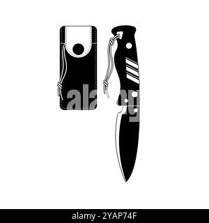 Couteau pliant de camping et gaine en cuir assortie isolé sur un fond blanc, style monochrome, illustration vectorielle de matériel de camping Illustration de Vecteur