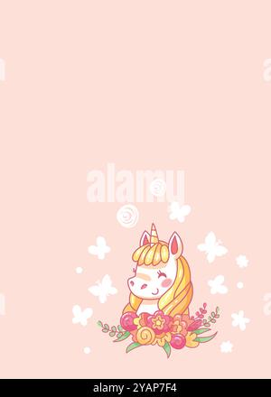 Licorne de dessin animé souriante entourée de fleurs et de papillons sur un fond rose, idéal pour des projets joyeux et positifs. Illustration vectorielle Illustration de Vecteur