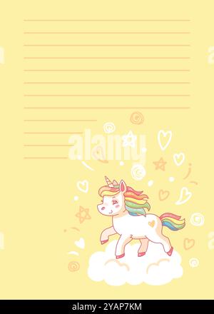 Kawaii licorne marche sur un nuage avec un fond jaune pour écrire du texte, des notes, une liste ou un message. Illustration vectorielle Illustration de Vecteur