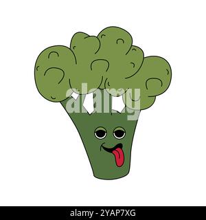 Personnage de brocoli vert psychédélique groovy avec la langue sortant de l'illustration vectorielle Illustration de Vecteur