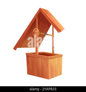 Vieux puits d'eau traditionnel en bois, structure avec toit et illustration vectorielle de seau Illustration de Vecteur