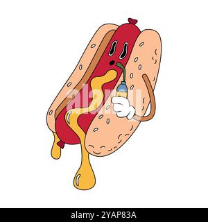 Hot dog psychédélique groovy, saucisse en chignon avec visage déformé et illustration vectorielle de moutarde fondante Illustration de Vecteur