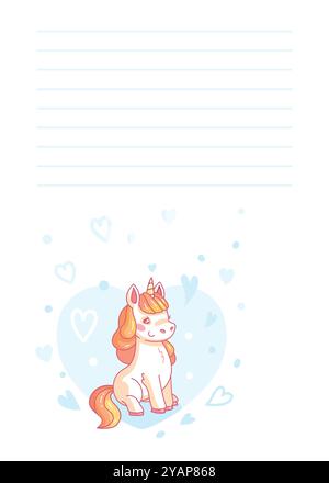 La licorne de dessin animé est assise sur une forme de coeur bleu entourée de coeurs plus petits avec une page blanche avec des lignes au-dessus. Illustration vectorielle Illustration de Vecteur