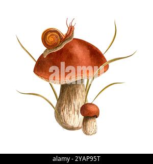 Composition des champignons bolètes et des escargots. Aquarelle isolée peinte à la main botanique illustration vintage détaillée. Champignon ensemble floral de saison d'automne Banque D'Images