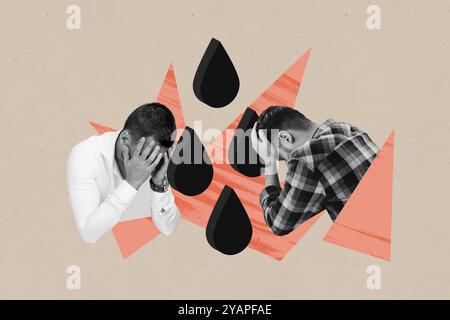 Collage photo créatif jeune homme triste déprimé anxiété pression mentale problèmes psychothérapie désespoir panique pleurer employé travailleur Banque D'Images