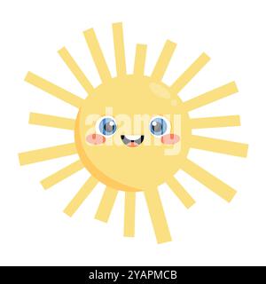 Personnage de soleil de dessin animé mignon souriant. Mascotte solaire dans un style enfantin isolé sur fond blanc. Illustration vectorielle Illustration de Vecteur