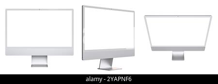 moniteurs argentés écrans vierges différents angles arrière-plan blanc isolé Banque D'Images
