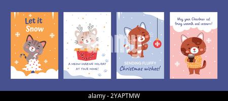 Un ensemble de cartes de Noël et affiches avec des chats drôles. Textes et salutations du nouvel an. Illustration de Vecteur