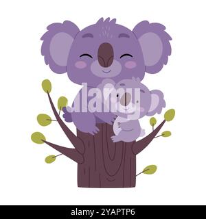 Cartoon mère koala et son bébé assis sur un arbre. Illustration plate de dessin animé sur un fond blanc. Illustration de Vecteur