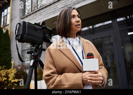 Une journaliste multiraciale vêtue d'un manteau beige se tient confiante à l'extérieur, se préparant à rapporter des nouvelles. Banque D'Images