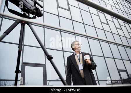 Un journaliste professionnel en lunettes se tient debout avec un microphone, reportant des nouvelles à l'extérieur d'un bâtiment élégant. Banque D'Images