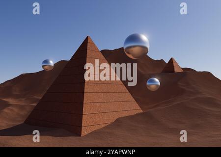 Illustration de rendu 3d trois pyramides sont représentées dans un paysage désertique avec un ciel bleu clair Banque D'Images