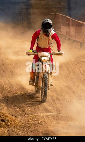 Pilote de motocross debout sur son vélo et en action course sur une pente raide générant beaucoup de poussière entouré par un terrain poussiéreux sur un chemin de terre sec. Banque D'Images