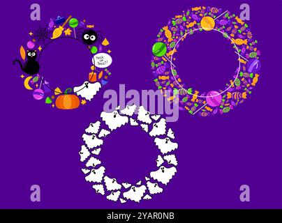 Happy Halloween template frame set collection ou fond d'invitation de fête. fantôme, bonbons, sucettes, cadres de cercle rond de citrouille dans le style de bande dessinée. V Illustration de Vecteur