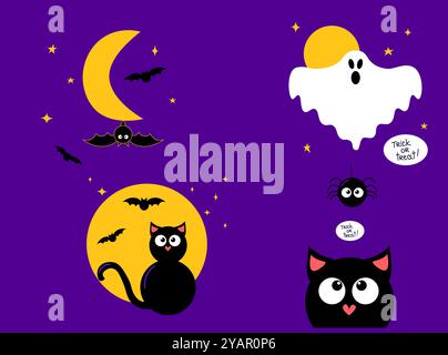 Halloween. Ensemble d'illustrations de lune avec chat noir, fantôme, chauves-souris et araignée. Fond d'Halloween, autocollant, affiche, carte postale de style dessin animé vectoriel. Illustration de Vecteur