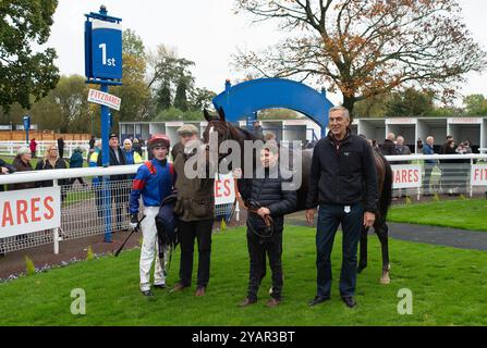 Windsor, Berkshire, Royaume-Uni. 14 octobre 2024. MAID IN CHELSEA pilotée par le jockey Dylan Hogan (casquette rouge) remporte le Berkshire Winter million, Windsor 17th January novice Stakes (Class 4) (GBB) lors de la finale Flat Season au Royal Windsor Racecourse à Windsor, Berkshire. Propriétaire K Snell & Partners, entraîneur Jack Jones, Newmarket, éleveur Rosetown Bloodstock Ltd Crédit : Maureen McLean/Alamy Live News Banque D'Images