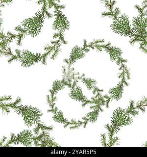 Motif sans couture de Noël. Couronne de branches de conifères isolées sur fond blanc. Banque D'Images