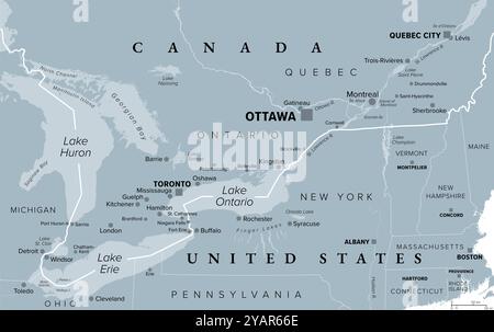 Québec Windsor Corridor, carte politique grise. Région la plus densément peuplée et la plus industrialisée du Canada. Banque D'Images