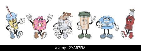 Ensemble drôle de personnages groovy de dessin animé de café, boissons, desserts dans le style des années 30 Illustration de Vecteur