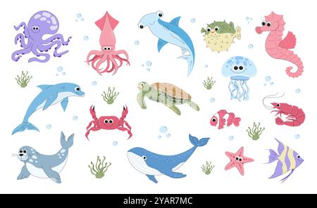 Dessins animés de créatures marines, créatures sous-marines, mignons et heureux Illustration de Vecteur