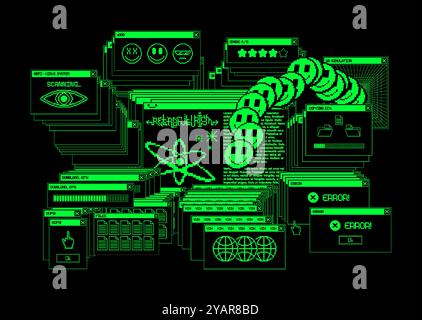 Rétro art, vieilles fenêtres d'interface utilisateur avec des éléments de pixel de 00s, 90s. Illustration de Vecteur