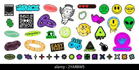 Autocollants colorés, patchs, badges, étiquettes. Ensemble graphique d'écussons tendance Illustration de Vecteur